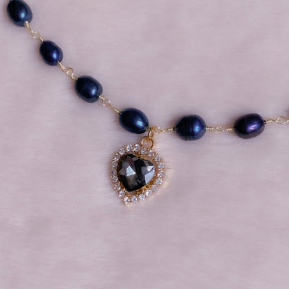 Crystal Heart Ebony Pearl Choker