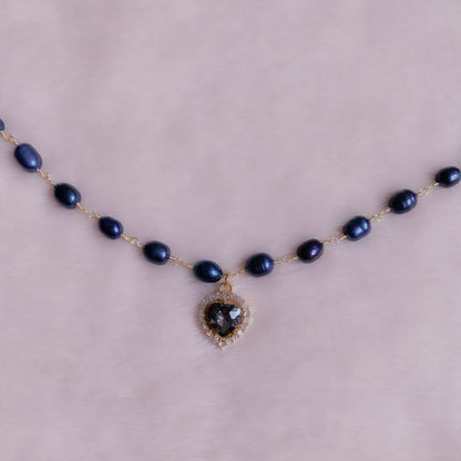 Crystal Heart Ebony Pearl Choker