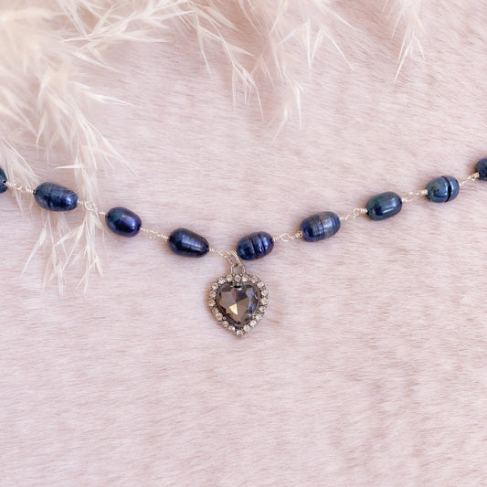 Crystal Heart Ebony Pearl Choker